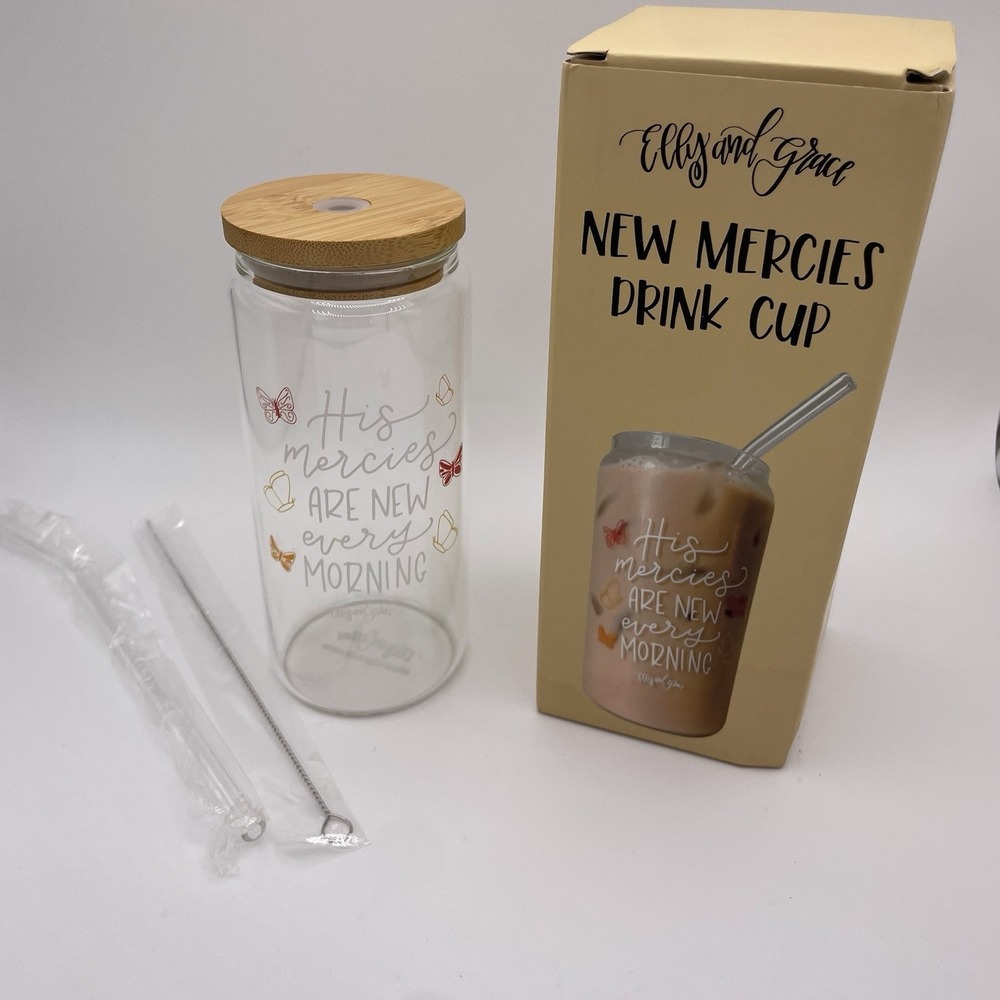 NIB Elly & Grace New Mercies Glass Drink Cup Christian‎ w/Lid & Straw Jesus